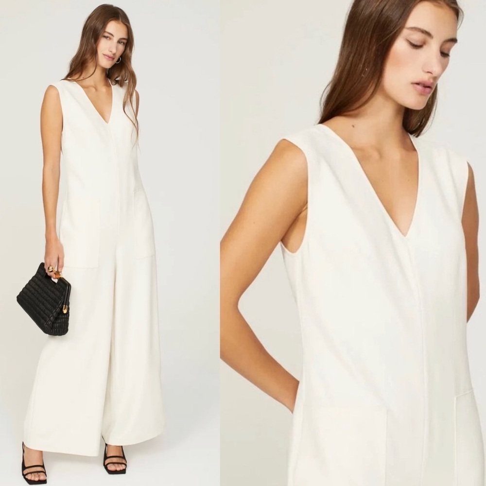 Marina Moscone Jumpsuit Cream Wide-Leg V-Neck Cocktail Classic Wedding, size 10